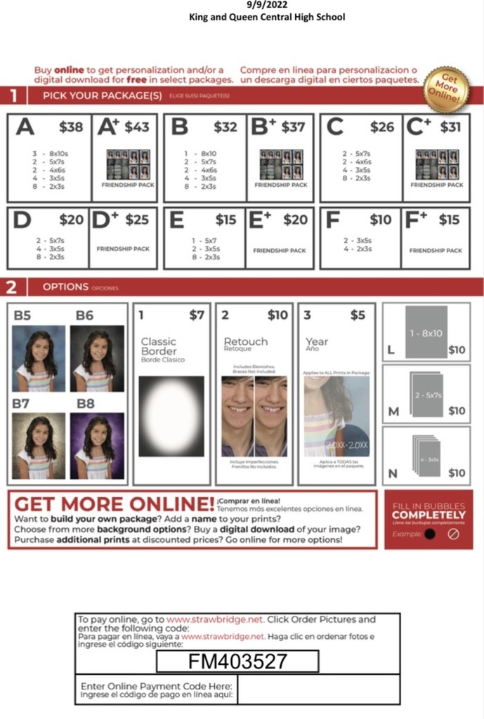 CHS School Picture Day order form with prices and options